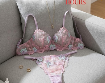 Pink Embroidered Floral Lingerie Set Sheer Bra Lace Panty Wire Free Comfortable Lightweight Knit Design