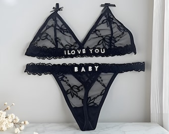 Calcinha fio dental com nome personalizado, conjunto de sutiã personalizado, lingerie personalizada, presente para o Dia dos Namorados