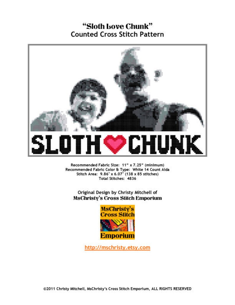 Sloth Love Chunk Goonies Cross Stitch Digital PDF Pattern - Etsy