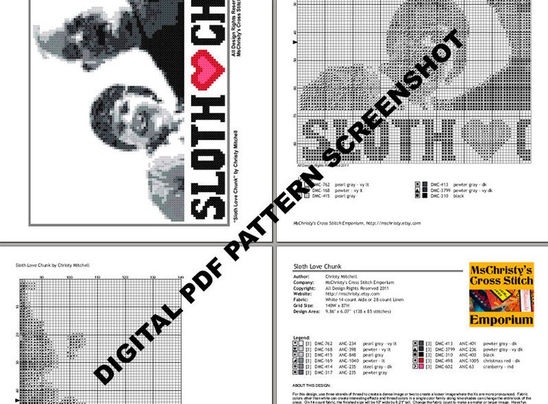 Sloth Love Chunk Goonies Cross Stitch Digital PDF Pattern image 2