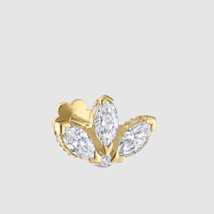 Diamond Engraved Lotus Threaded Stud Earring Yellow Gold Invisible Diamond Lotus, single Earrings with diamonds for Cartilage Piercing