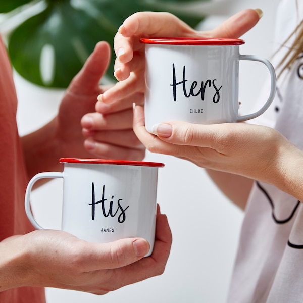 Personalised His And Hers Enamel Mugs