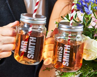 Set Of Two Personalised Mr And Mrs Mason Jars