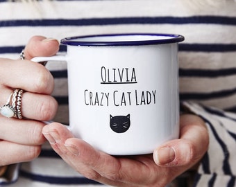 Personalised Cat Lady Enamel Mug