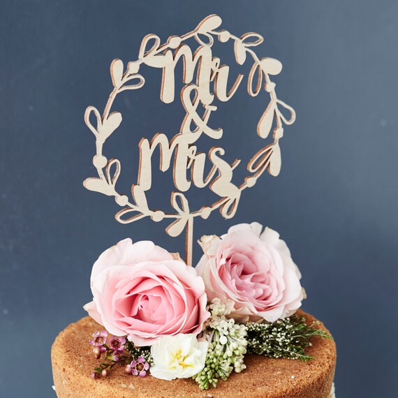 Topper Pastel Boda Mrs & Mrs Corazón | 16 Cm Madera Natural | Hecho En Alemania | Regalo Romántico