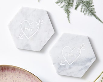 Couples Carved Heart Personalised Marble Coaster