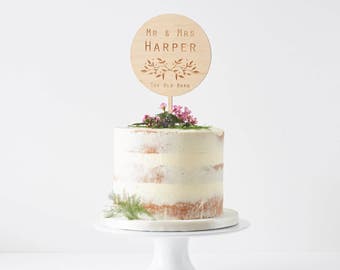 Engraved Botanical Personalised Wedding Cake Topper