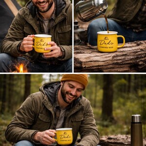 May include: A yellow camping mug with the text "Dad's Camping Mug" in black. The mug has a white rim and a yellow handle. The image shows the mug in a camping setting.