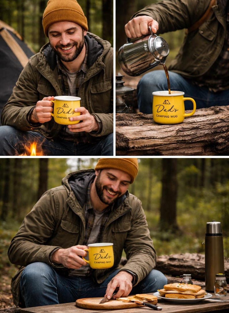 May include: A yellow camping mug with the text "Dad's Camping Mug" in black. The mug has a white rim and a yellow handle. The image shows the mug in a camping setting.