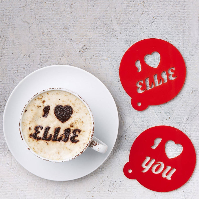 Personalised heart coffee stencil with custom name, perfect coffee gift for him or her