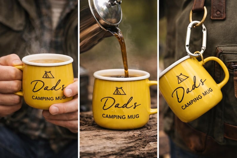 May include: Yellow camping mug with a white rim, featuring the text "Dads Camping Mug" in black script. A tent graphic is above the text. The mug is shown being filled with coffee and held by a person.