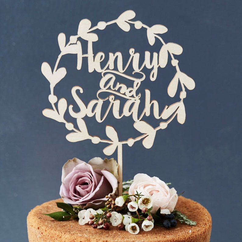 Personalised Floral Couples Wooden Wedding Cake Topper image 2