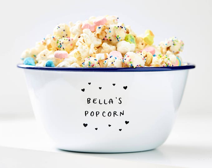 Personalised Children's Popcorn Bowl | Custom Engraved Enamel Bowl | Birthday Gift for Kids