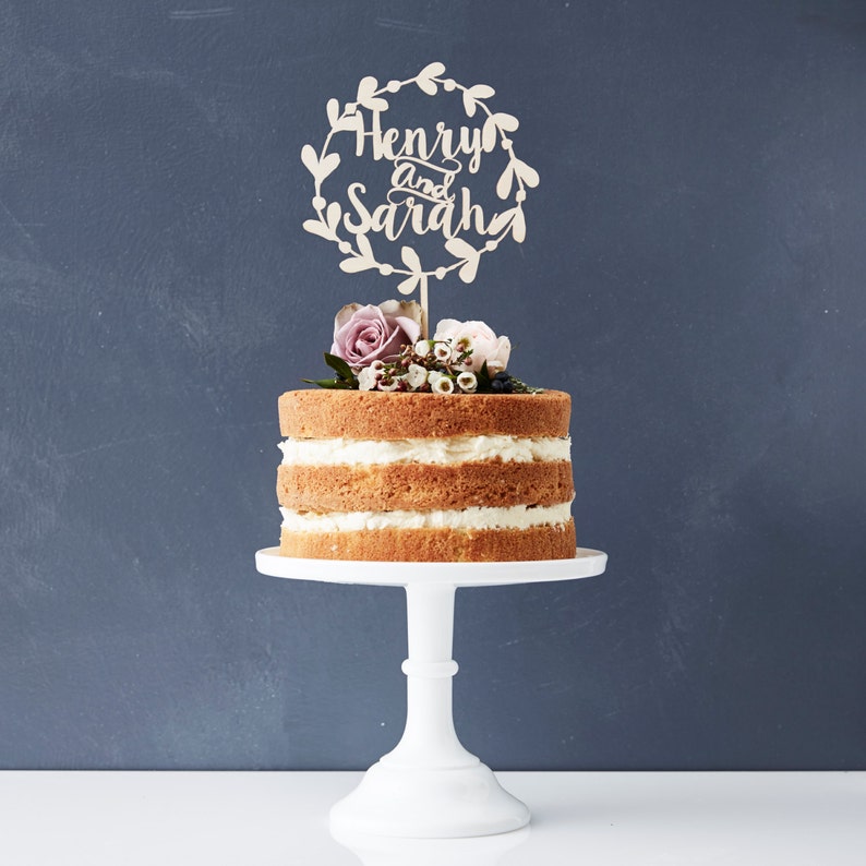 Personalised Floral Couples Wooden Wedding Cake Topper image 1