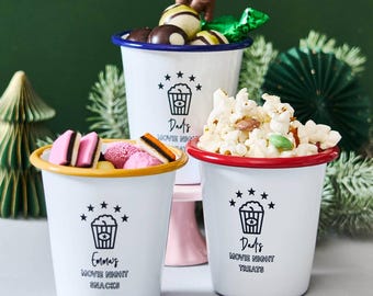 Enamel Personalised Snack Pot | Candy Bowl | Snack Bowl | Treat Pot | Movie Night In | Christmas Stocking Filler | Family Movie Nights