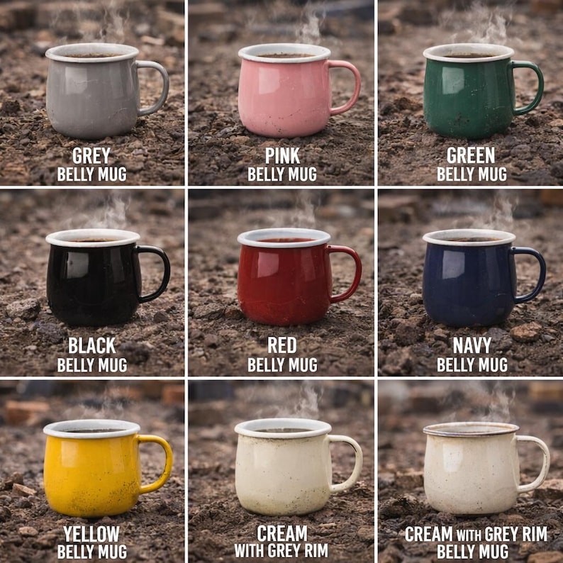 May include: Nine colorful enamel belly mugs, each with a white rim and handle, are displayed. Colors include grey, pink, green, black, red, navy, yellow, and two cream-colored mugs. Each mug is labeled with its color and the text "BELLY MUG".