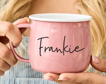 Personalised Pink Enamel Mug | Gift For Her