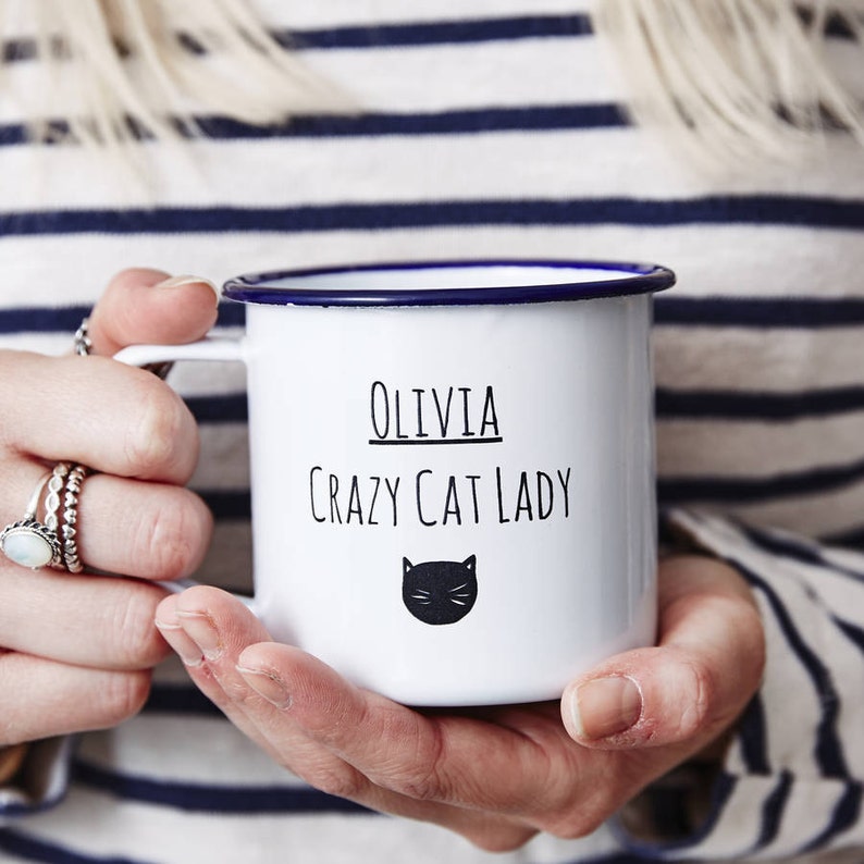 Personalised Cat Lady Enamel Mug image 1