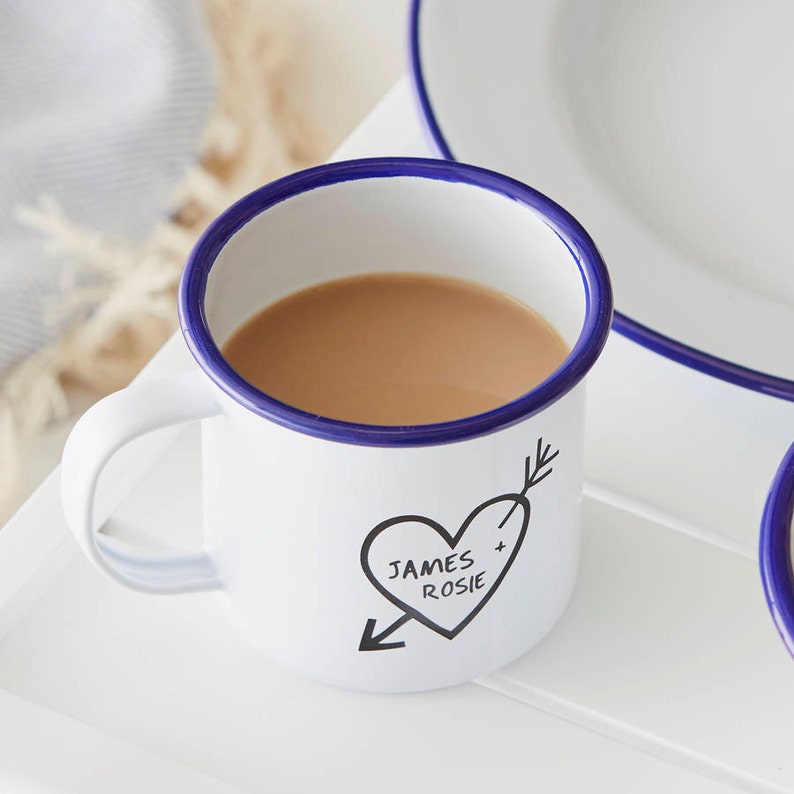 Couples Carved Heart Enamel Personalised Mug image 1