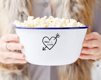 Carved Heart Enamel Personalised Popcorn Bowl
