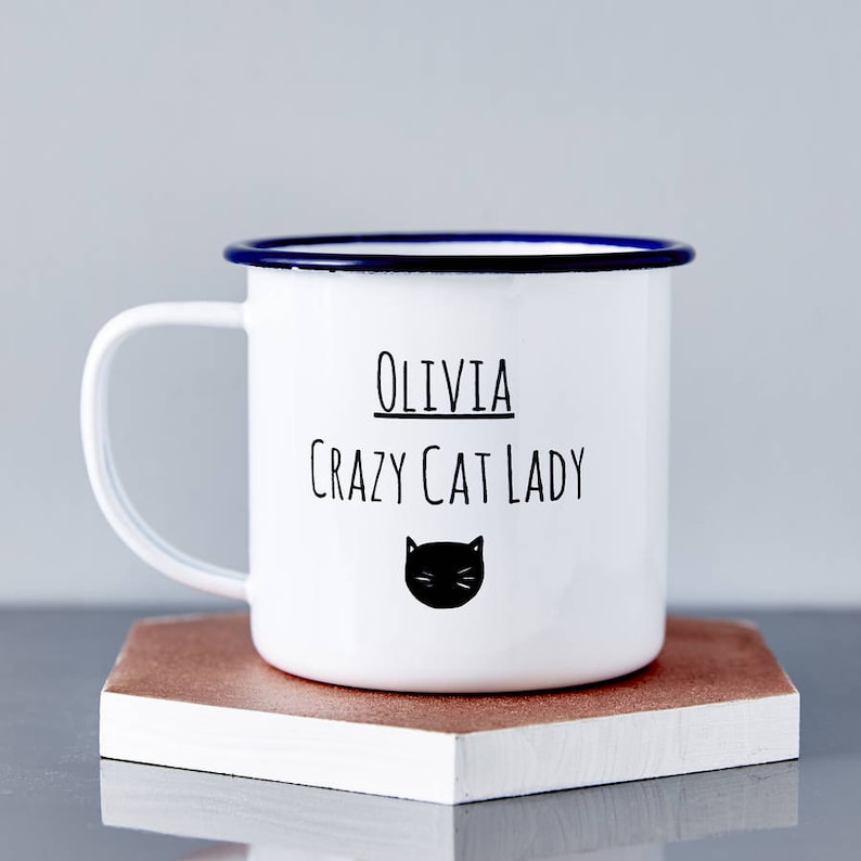 Personalised Cat Lady Enamel Mug image 2