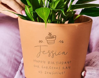 Maceta de terracota personalizada para cumpleaños / Ilustración grabada de maceta para hierbas