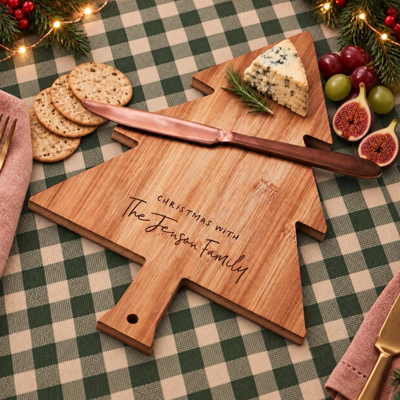 Pode incluir: Uma t&aacute;bua de servir de madeira clara em forma de &aacute;rvore de Natal, gravada com o texto "CHRISTMAS WITH The Jenson Family". Uma faca de queijo cor de cobre repousa horizontalmente sobre a t&aacute;bua, colocada sobre uma toalha de xadrez verde e branco.