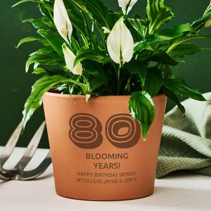 Puede incluir: Una maceta de terracota con el número 80 y las palabras "BLOOMING YEARS!". La maceta contiene una exuberante planta verde con flores blancas. El texto "HAPPY BIRTHDAY DEREK! WITH LOVE JAYNE & JIM X" también está impreso en la maceta.