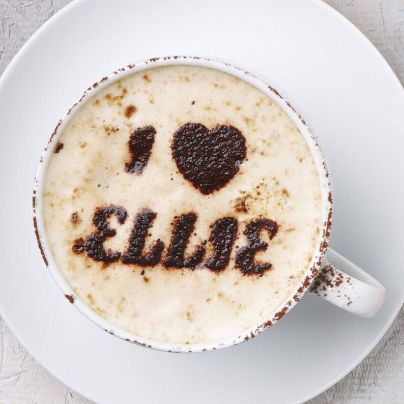 Custom coffee stencil used on cappuccino with heart and name design