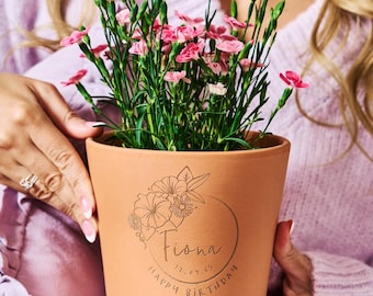 Corona de flores de nacimiento personalizada en maceta de terracota / Regalo de cumpleaños