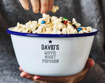 Gepersonaliseerde geëmailleerde popcornschaal | Snackschaal filmavond | Vaderdagcadeau