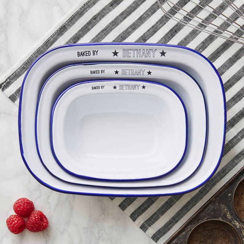 Personalised 'Baked By' Enamel Pie Dish Gift Set image 1