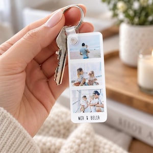 Close-up of a personalised photo strip keyring with three custom photos, personalised text and silver keyring attachment.