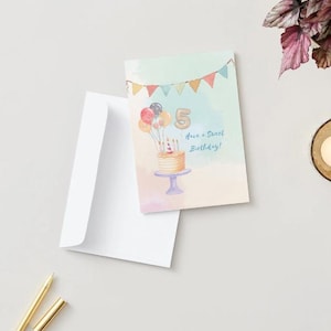 Pastelkleurige verjaardagskaart | Afdrukbare kaart met taart en ballonnen | Opvouwbare wenskaart | Digitale download voor kinderen of volwassenen