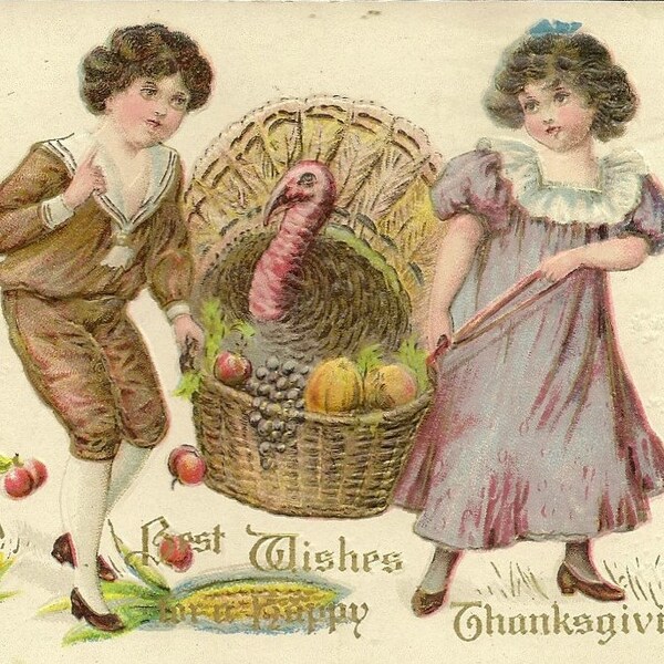 Children Carry Basket with Turkey and Vegetables Antique Thanksgiving Postcard 1913