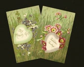 Pair of Embossed Antique Valentine’s Day Postcards Floral Hearts and Faux Bois Background 1908