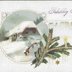 Carte postale hollandaise antique du Nouvel An - Gelukkig Nieujaar - Bougie sur une branche d'épicéa enneigée Maison de comté des années 1900