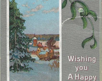 Snow Covered Village and Mistletoe Antique New Year's Postcard 1909 - Silver Background
