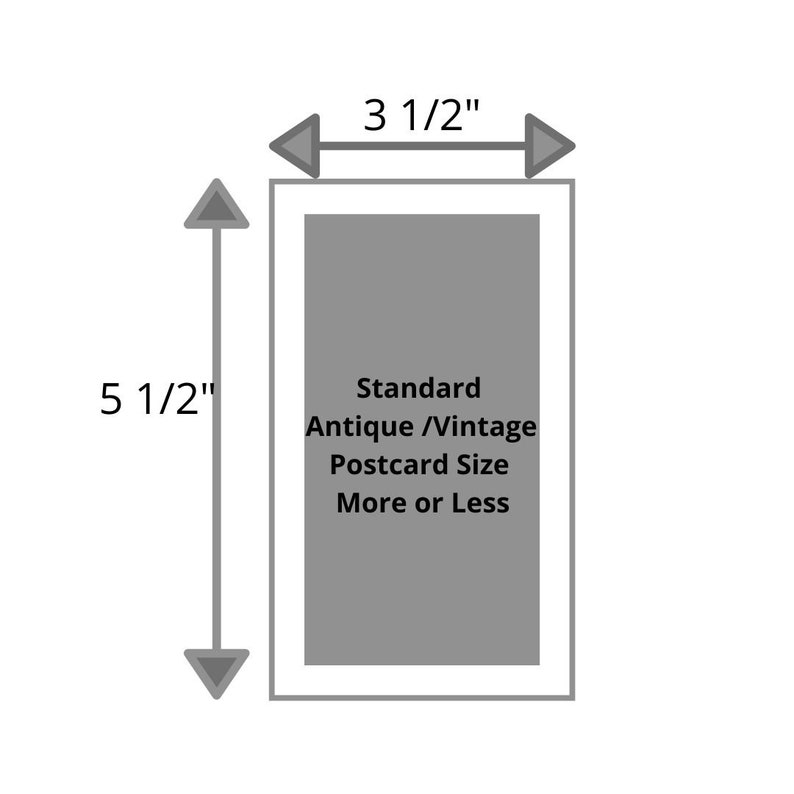 May include: Diagram of a standard antique or vintage postcard size, approximately 3.5 inches wide and 5.5 inches tall. The text on the image reads "Standard Antique/Vintage Postcard Size More or Less."
