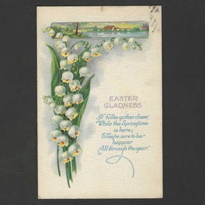 Carte postale de Pâques antique Muguet et scène de campagne 1927 Joie de Pâques - Stecher Litho