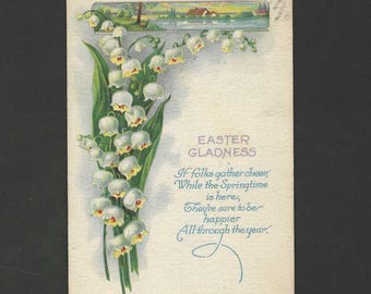 Lily of the Valley and Country Scene Antique Easter Postcard 1927 Easter Gladness - Stecher Litho