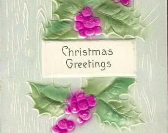 Color Washed Holly on Embossed Antique Christmas Postcard 1910s - Intense Colors