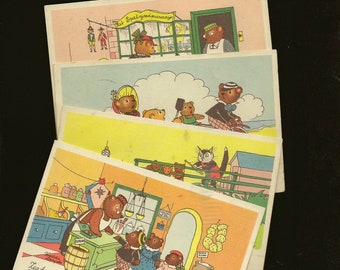Set of Four Anthropomorphic Bear Postcards Dutch Vintage Freddie Langeler Postcards
