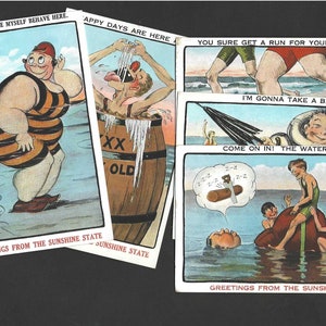Lot de 5 cartes postales vintage - Greetings from the Sunshine State - cartes postales comiques Hartman Card Co - Seashore Fun