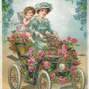 Lady and Cherub Drive Carte postale de Noël ancienne voiture fleurie somptueuse des années 1910, roses roses roses et myosotis avec touches d'or