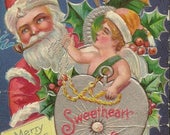 Embossed Antique Christmas Postcard Sweetheart Days Santa and Cupid Unused Antique Postcard