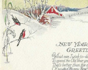 Winter Birds on Snow Covered Branch Vintage New Years Postcard 1927 - Red Home in Distance Snow Covered Landscape