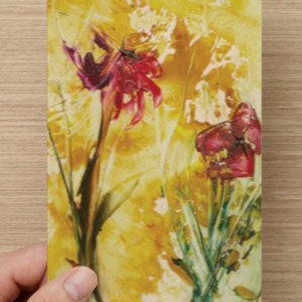 Abstract Red Poppies on Golden Yellow Background From Original Encaustic Art - Blank Note Card – August Birth Flower All Occasion Note Card