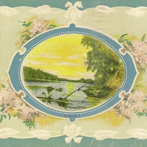 Carte postale antique de Pâques 1911 Coucher de soleil sur le lac – accents de fleurs lilas