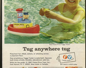 Pair of Vintage 1967 Fisher Price Advertisements - Tuggy Tooter